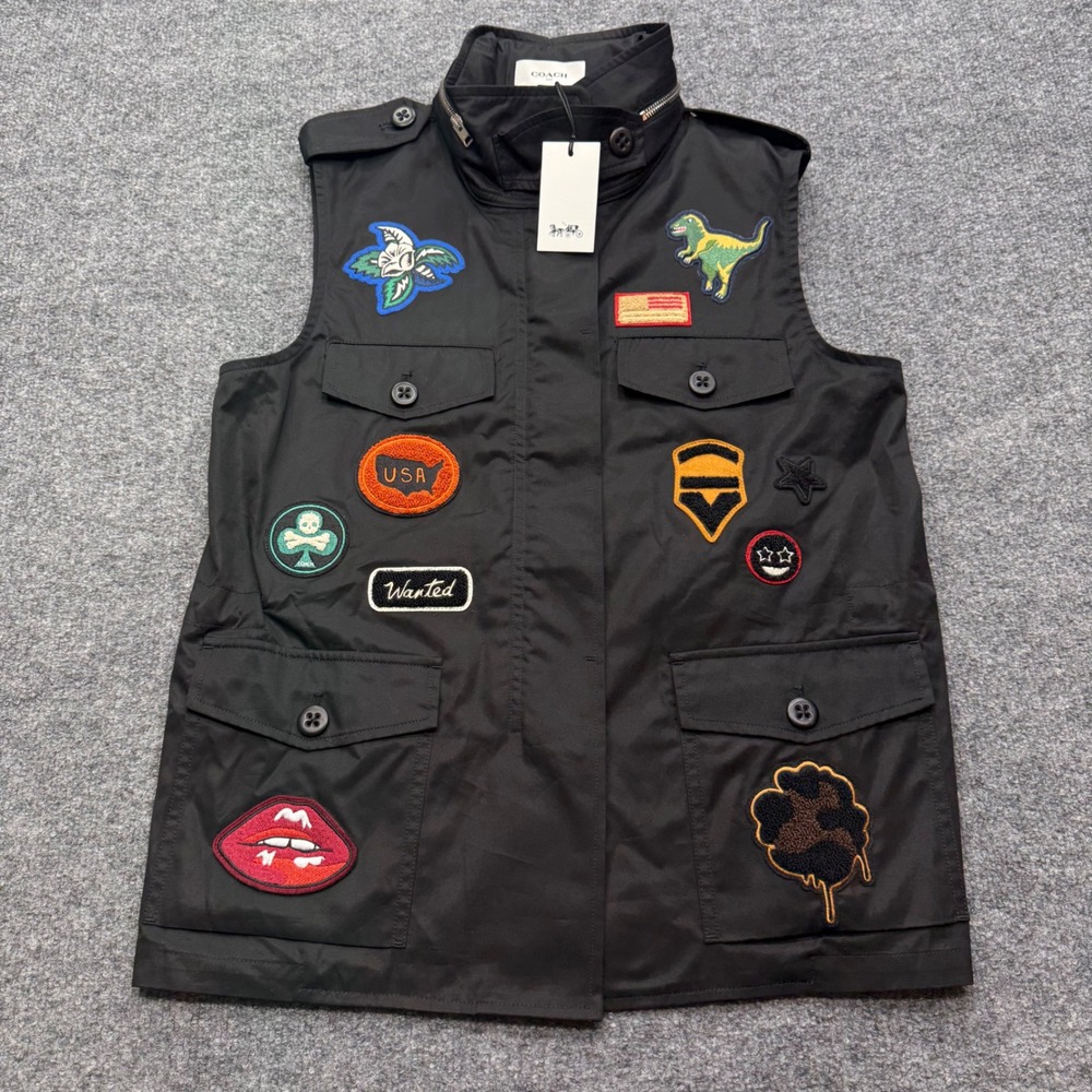 Coach 1941 Rexy Patch Military Vest Black Cotton Sleeveless Jacket 55002 Size 6